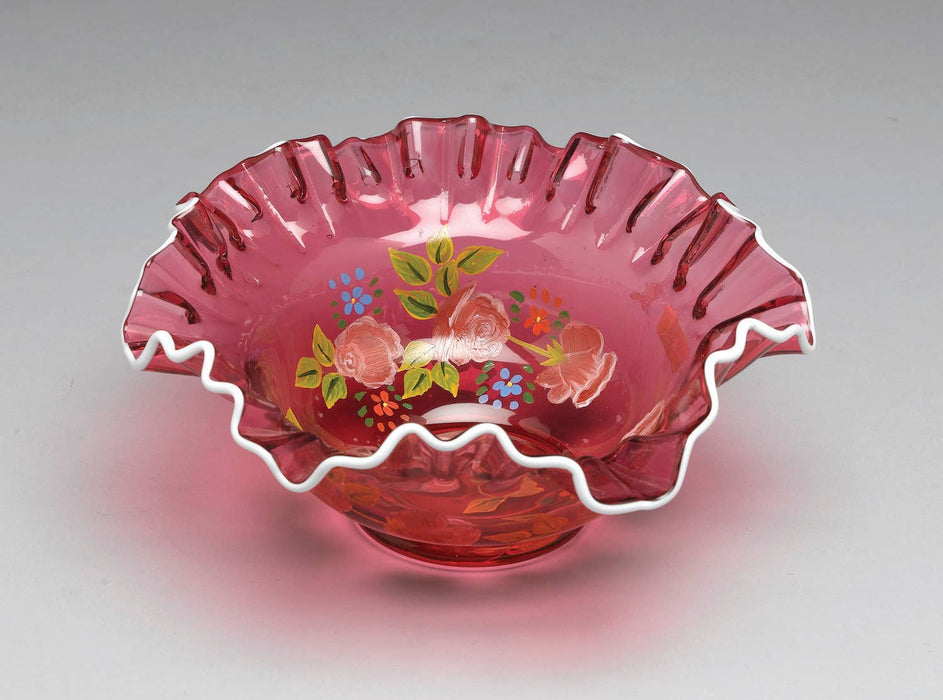 Cranberry Glass Bowl, Hand-Painted Floral Design