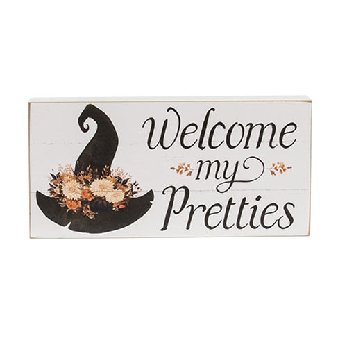 Welcome My Pretties Floral Witch Hat Box Sign