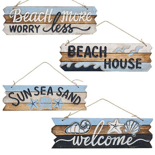 Beach More Worry Less Distressed Wooden Sign 4 Asstd.