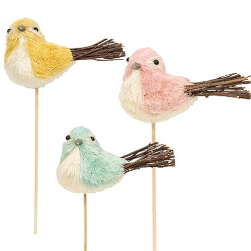 Pastel Sisal Bird w/Twiggy Tail Pick - 9"H - 3 Asstd.